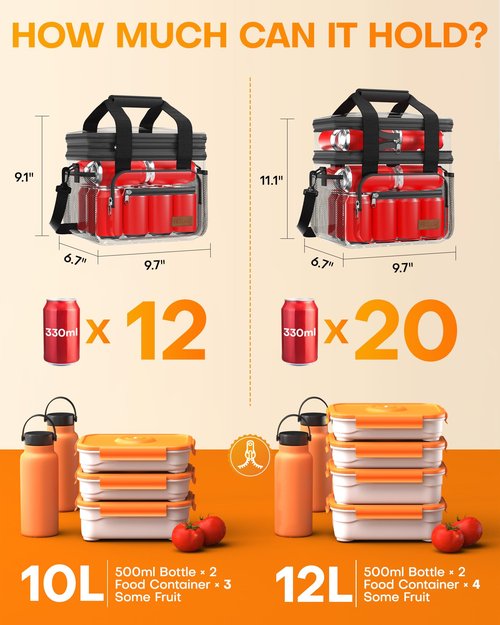 HOTOR Lunch Box for Men & Women - Double-Layer Insulated Lunch Bag with Leakproof Liner, Portable Cooler for Work, Travel, or Picnic, Black, 12L, 11.1" x 9.7" x 6.7"