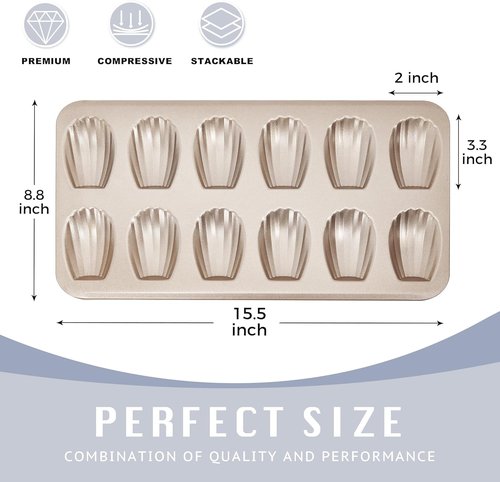 HONGBAKE Nonstick Madeleine Pan - 12-Cavity Heavy Duty Baking Tray Set | Champagne Gold Finish