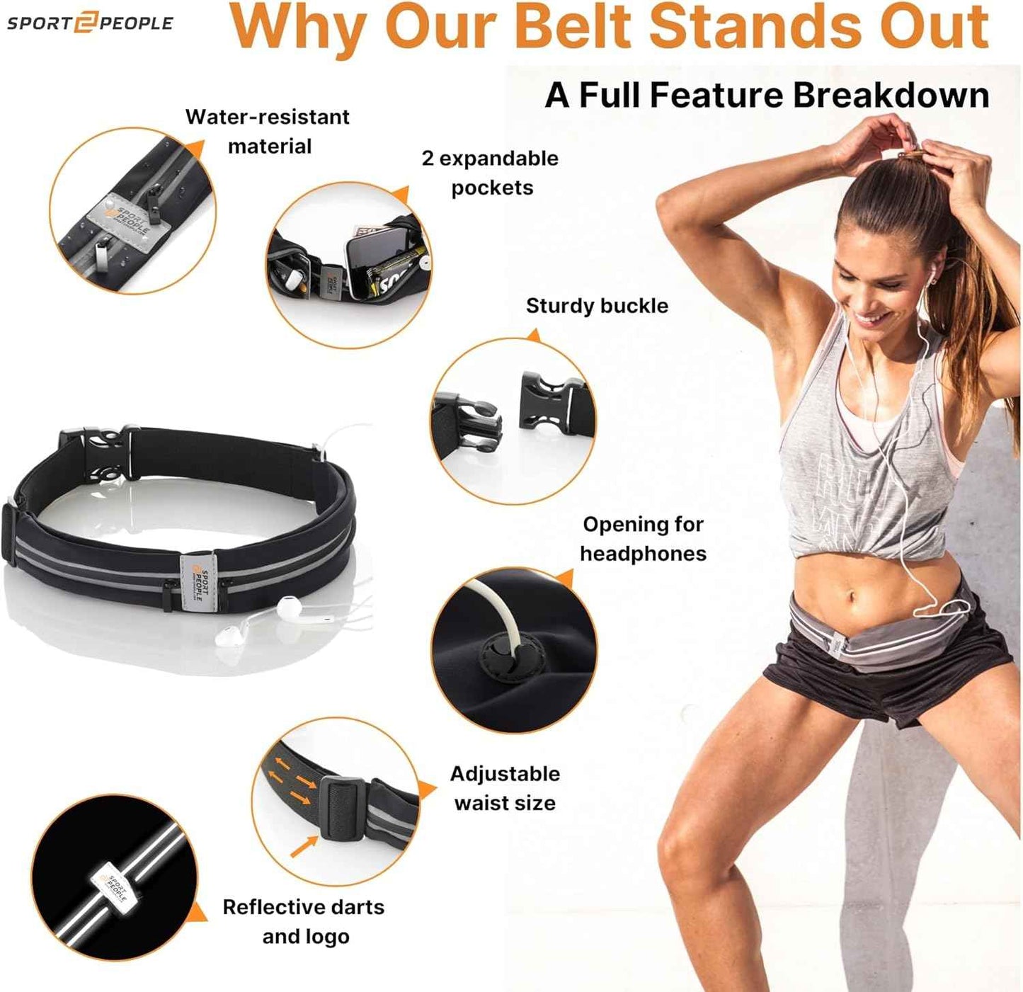 Waterproof Slim Running Belt with Reflective 2-Pocket Phone Holder for Men & Women