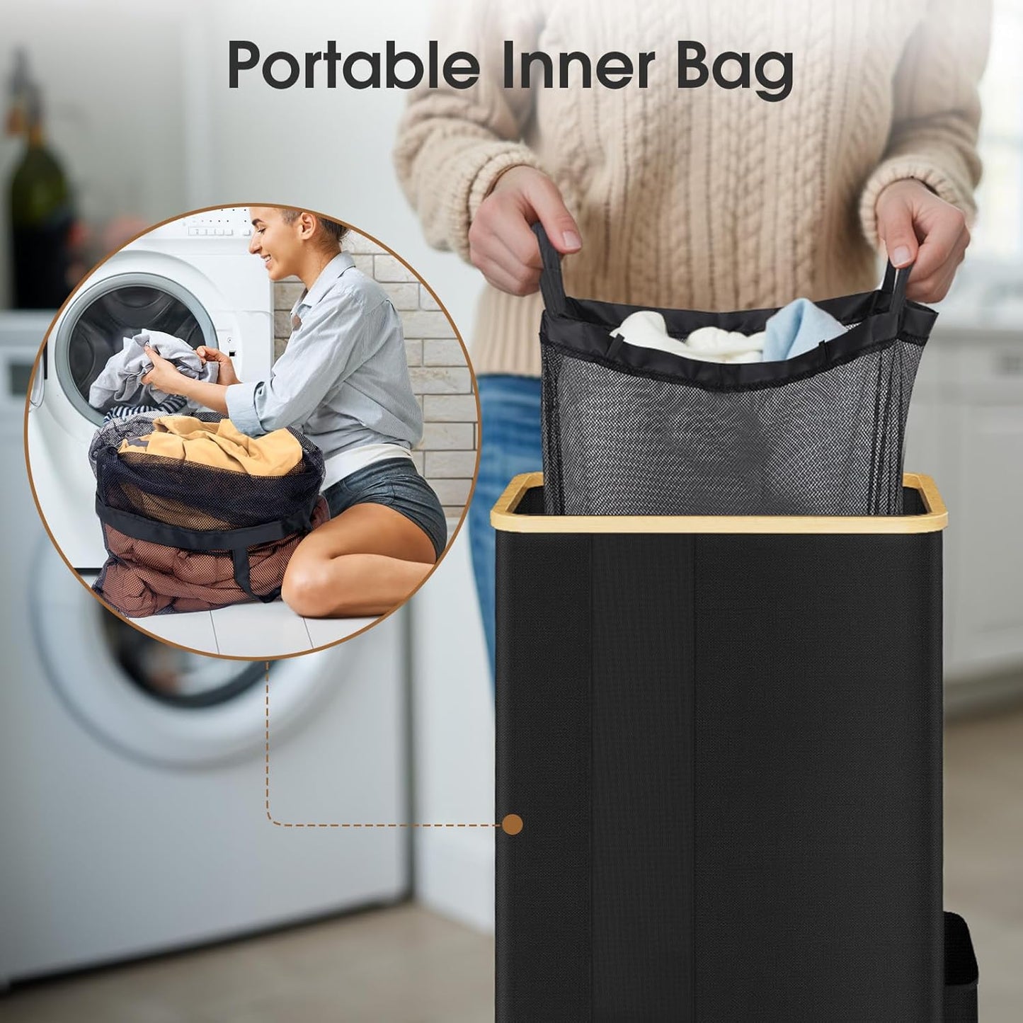 SpaceTrove Laundry Basket - Large 100L Collapsible Hamper with Lid & Removable Bag | Stylish Black Design for Bedroom & Bathroom