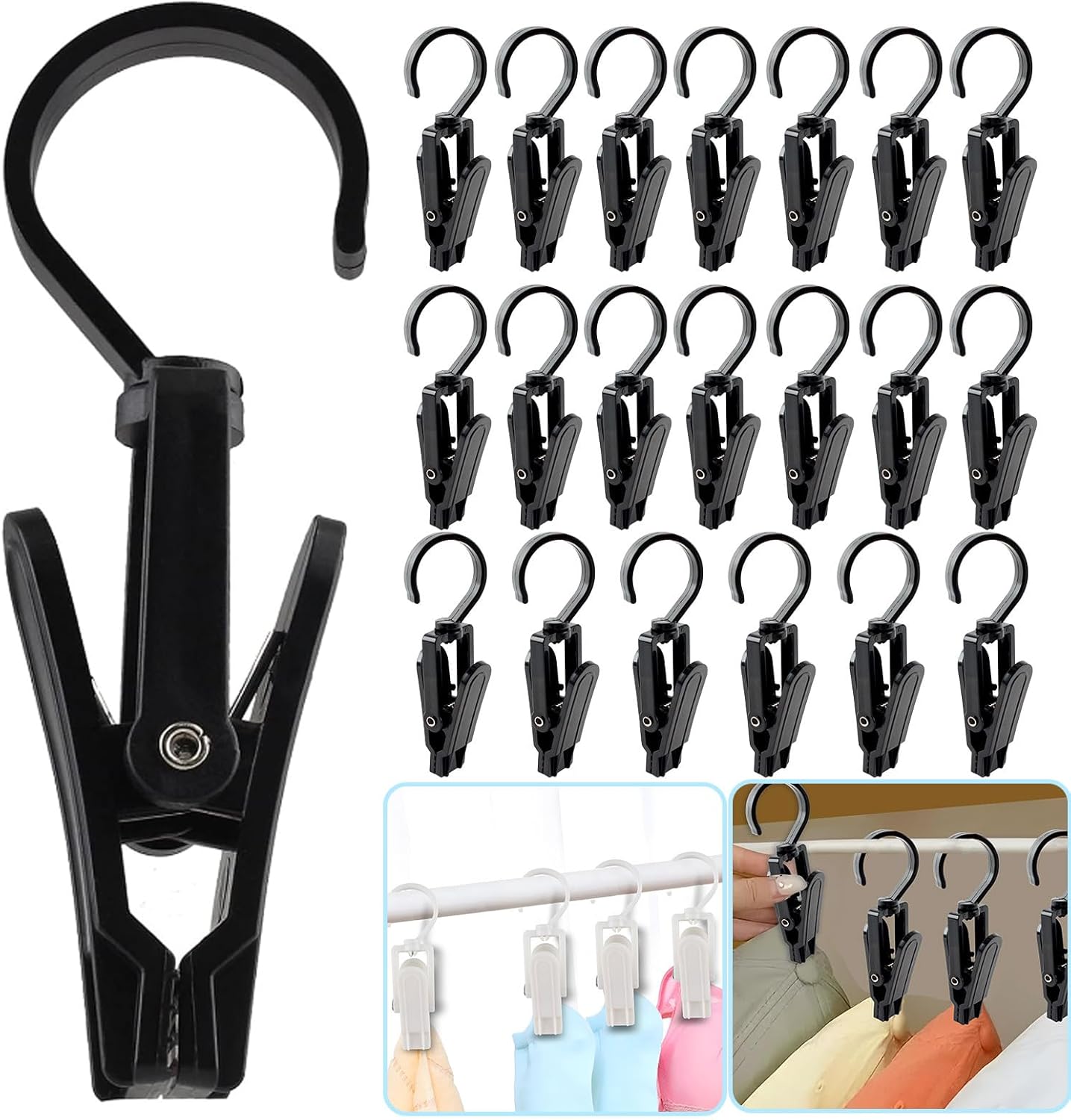 VinBee 20 PCS Laundry Hooks - Super Strong Plastic Clips for Home & Travel | 4.3 Inches (Black)