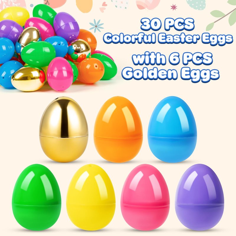 Jumlys 36 Count 3.15" Plastic Easter Eggs, 30 Pcs Empty Suprise Egg 6 Pcs Golden Eggs Bulk, Fillable Egg with Hinge for Easter Hunt, Basket Stuffers Fillers and Easter Party Favor