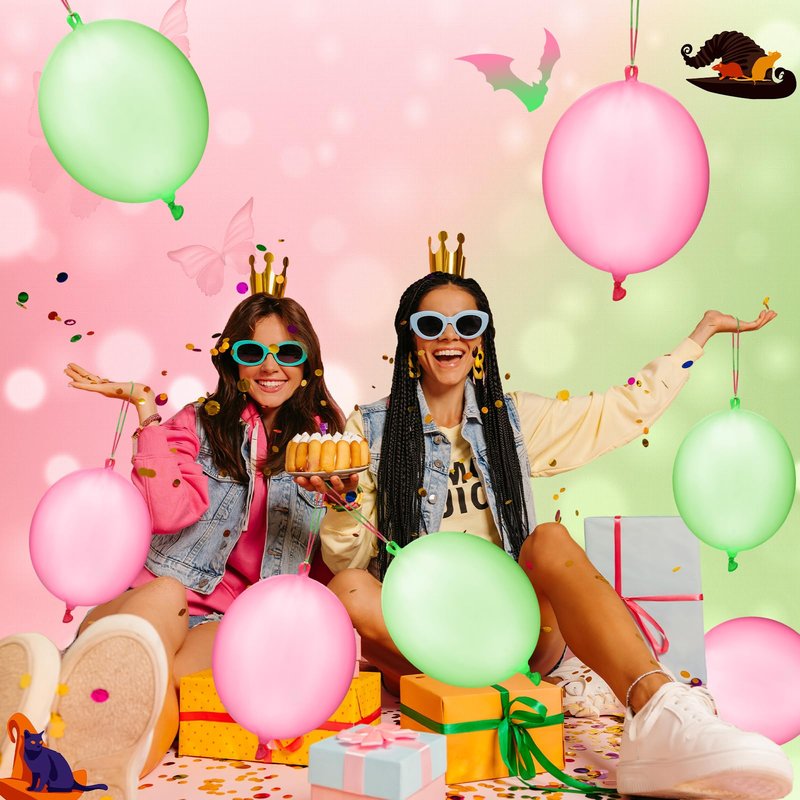 Charnoel 24 Pcs Pink and Green Gift Pink and Green Punch Balloons Bounce with Rubber Band Handle Witch Party Punching Balloons with Colored Rubber Band Handle for Birthday
