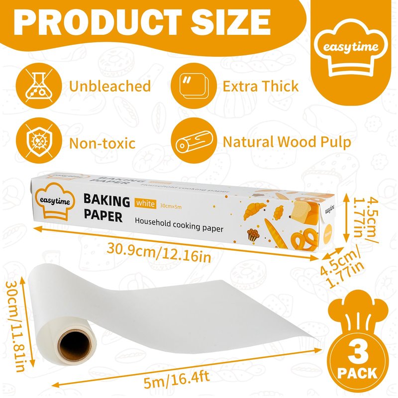 DTFMZOV Unbleached Parchment Paper Roll for Baking 12in x 49ft, 3 Pack of 12in x 16.3FT, Parchment Paper Built-in Metal Cutter, Non-Stick for Baking, Grilling, Air Fryer, Meal Prep, Pans and Oven