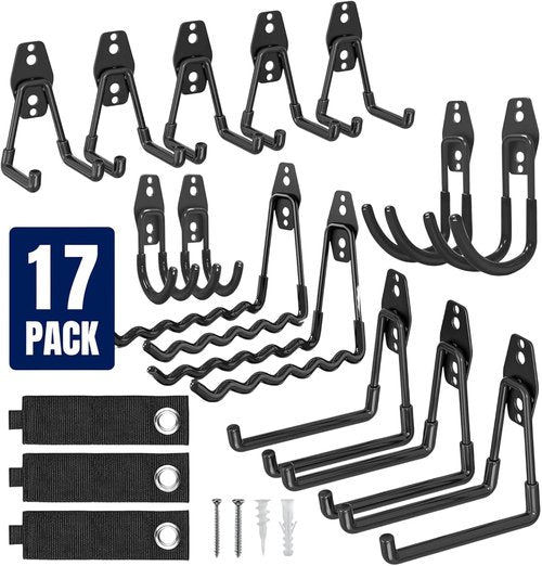Garage Wall Hooks - 17 Pack Heavy Duty Utility Hooks with 3 Extension Cord Straps | Perfect for Ladders, Bikes, and Garden Tools