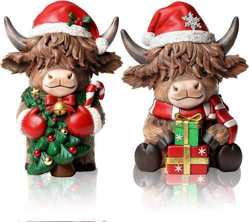 Exasinine Highland Cow Figurines - Festive Christmas Decor with Santa Hat & Candy Cane | 2 Pcs for Home & Office