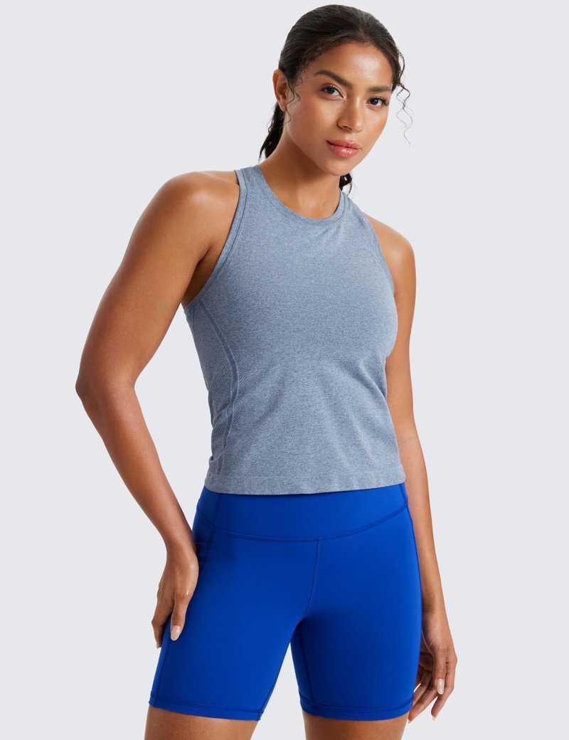 CRZ YOGA Seamless Workout Tank Tops for Women - Athletic Running Gym Sleeveless Shirts Crewneck Racerback Breathable Oasis Blue Heather X-Small