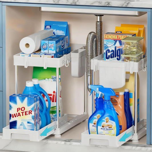 Under Kitchen Sink Organizer - 2-Tier Multi-Purpose Storage Solution | White, 2 Pack with Hooks