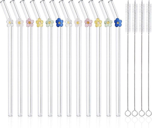 DUMING-IN 12 Pack Reusable Glass Straws, 7.9"×8mm Cute Flower Glass Straw for Coffee, Milkshakes, Juices