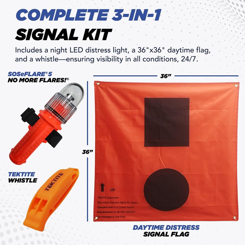 TEKTITE® SOSeFLARE 5 NO MORE FLARES! Electronic Boat Distress Flare w/Flag and Audible Signal Kit- USCG & SOLAS Compliant Marine Safety Signal - Waterproof LED & Audible Locator for Boats