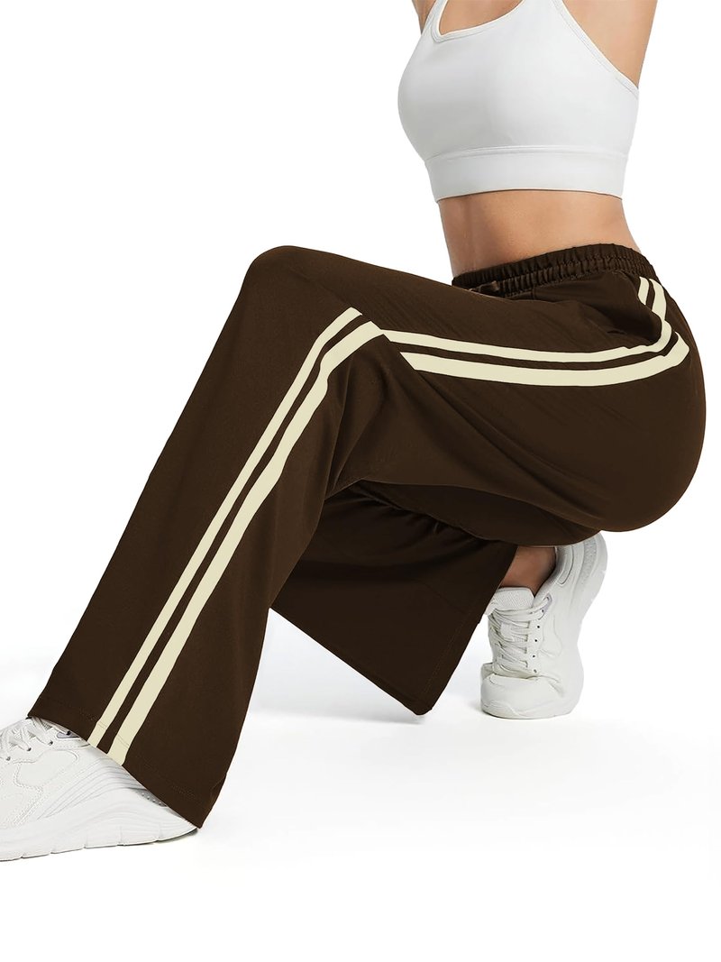 Tapata Petite Womens 28" Inseam Track Pants Relaxed Fit Striped Workout Sweatpants Baggy Trousers with Zipper Pockets, Brown, L