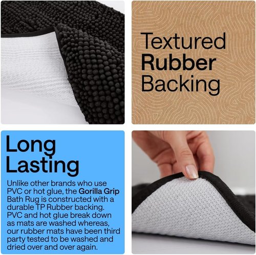 GORILLA GRIP Bath Rug Mat - Thick Soft Absorbent Chenille | Quick-Dry Microfiber, 24x17, Black