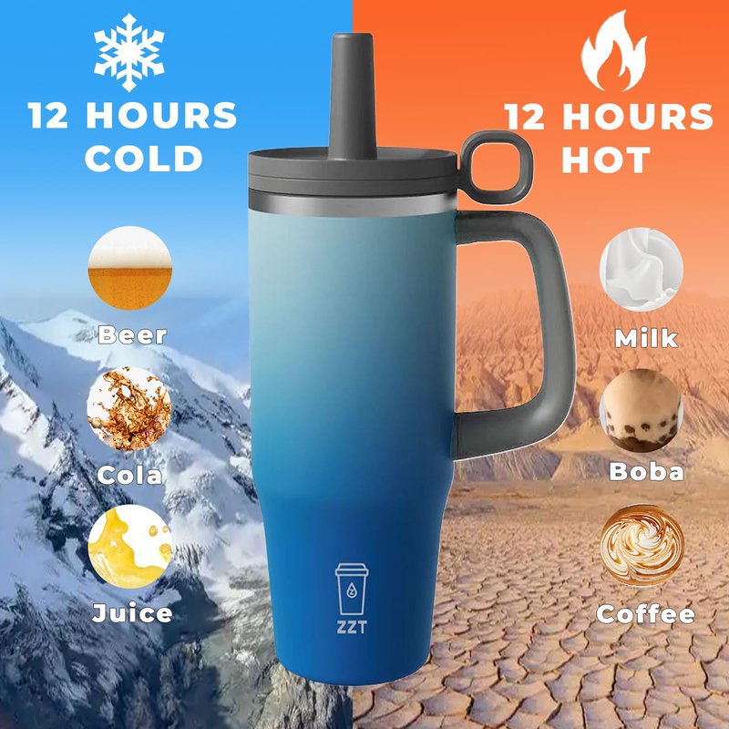 ZZT 40 oz Tumbler with Handle and Straw Lid,Leak Proof Metal Sports Water Bottle Jug,Stainless Steel Insulated Travel Coffee Mug-Fits in Cup Holder-Gifts for Women & Men (Blue White)