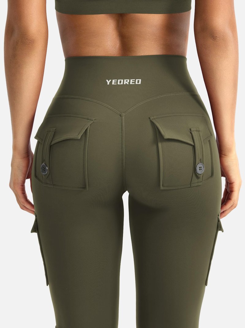 YEOREO CoreFlex Women Workout Flare Leggings with Pockets Hidden Scrunch Cargo Gym Yoga No Front Seam Leggings Army Green M