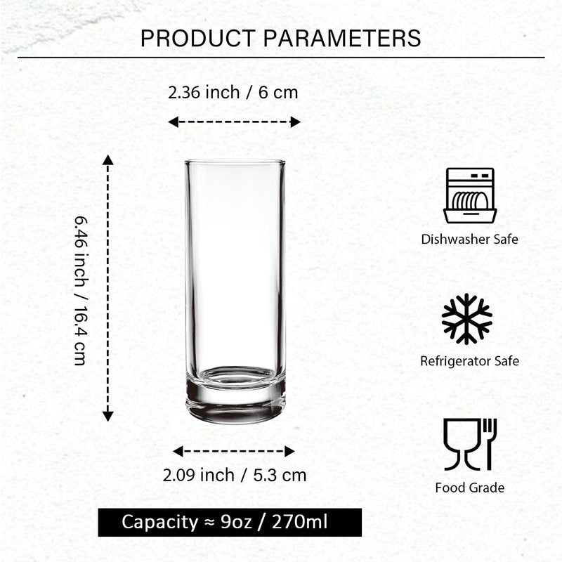 binsakao Premium Highball Glass Set - Elegant Tom Collins Glasses Set of 6-9 oz Tall Drinking Water Glasses - Bar Glassware for Mojito, Whiskey, Cocktail