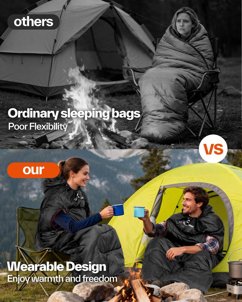 Sportneer Wearable Sleeping Bag for Adults & Kids – Walkable with Arm Zippers, 4 Season Lightweight Portable, Compact for Camping, Hiking, Backpacking, Travel & Outdoor Events