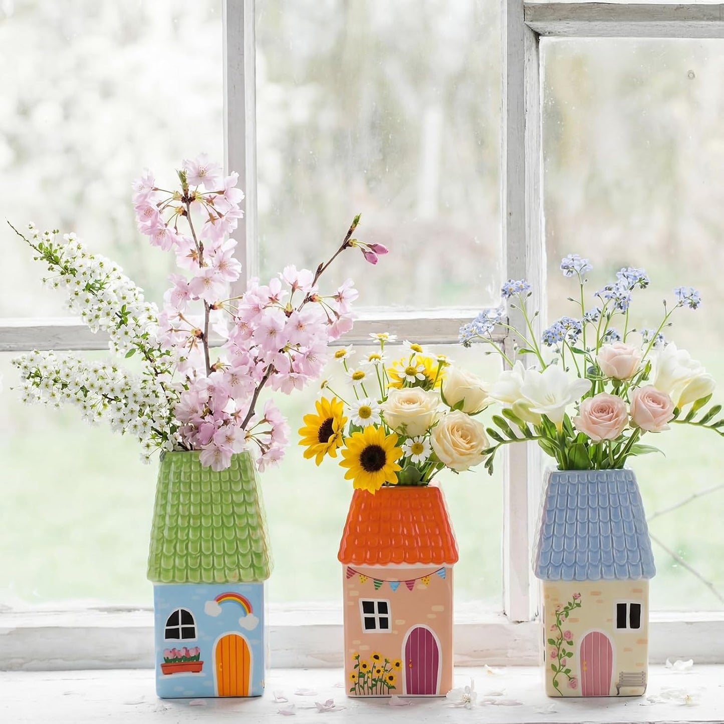 Remerry Ceramic House Shape Vase - Mini Handmade Decorative Flower Container | 2.4 x 3.8 Inch Green