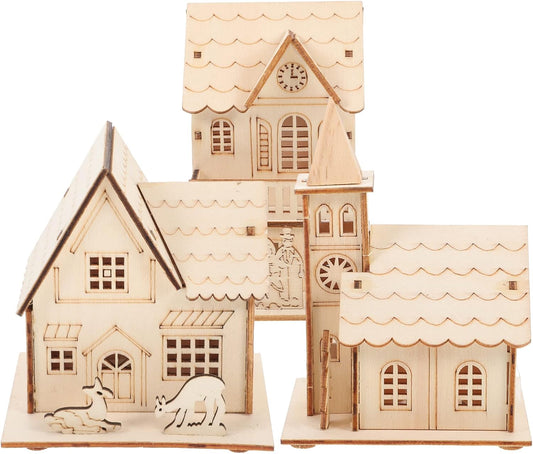 Rustic Christmas Village Houses by [Brand Name] - LED Light Wooden Decor for Holiday Centerpieces | 3 Pcs Set