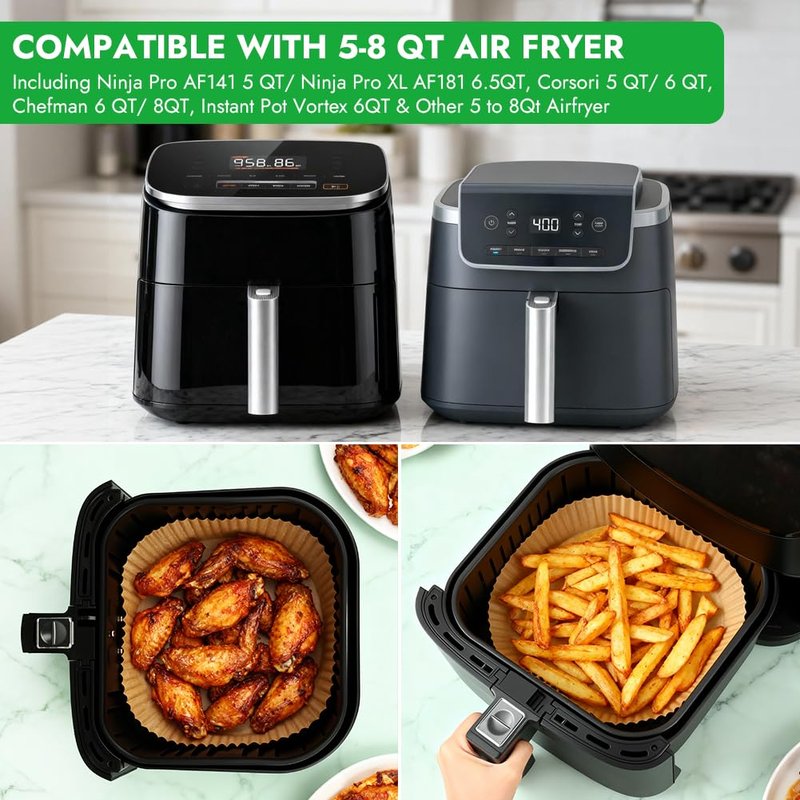BYKITCHEN 300PCS Disposable Air Fryer Liners for Ninja AF141 5QT Pro AF181 6.5QT, Chefman 6 QT, Cosori 6QT &Other 5 to 8Qt Airfryer, 8 Inch Round Air Fryer Parchment Paper, Airfryer Basket Accessories