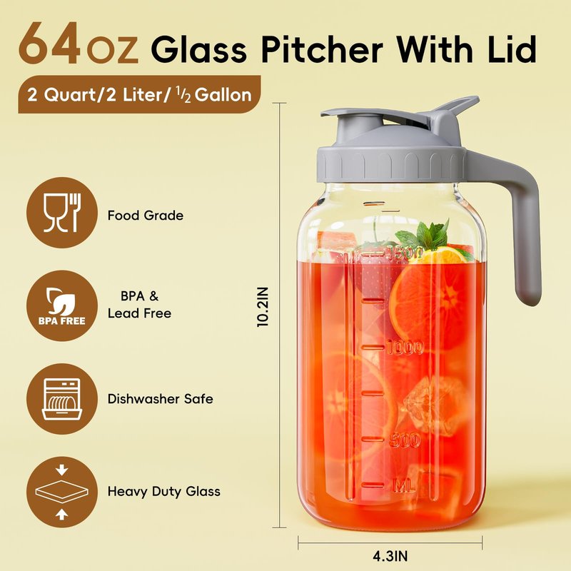 Glass Mason Jar Pitcher, 64 oz Wide Mouth Jug with Pour Spout Handle Lid for Cold Brew Coffee, Ice Beverage, Iced Juice, Lemonade, Sun Tea, Fruit Drinks Container(Gray)