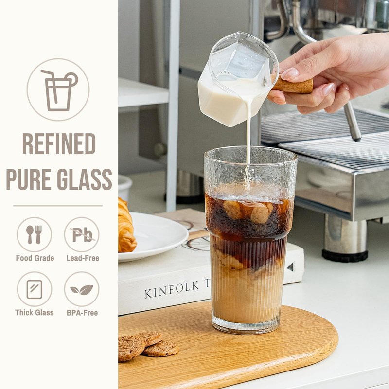 SoulTimes 20oz Glass Tumblers with Lids and Straws, Set of 2 - Stylish Ribbed Design Drinking Glasses for Iced Coffee Cups, Juice, Smoothies, Cold Beverages, Includes Cleaning Brush, Durable Glassware