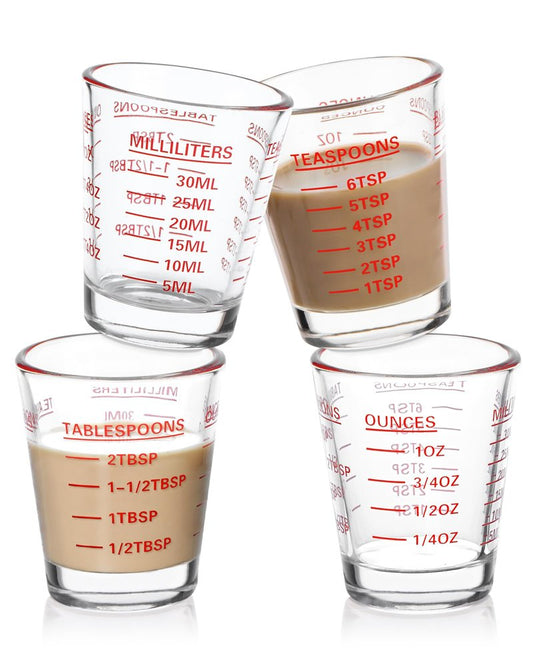 Shot Glasses Measuring Cup Set 4PACK Espresso Shot Glasses Liquid Heavy Glass 26-Incremental Measurement 1 OZ, 2 TBS, 6 TSP, 30 ML Kitchen Tools (Red)