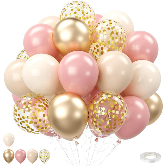 Blush Pink and Gold Balloons Set, 12 Inch Retro Pink and Champagne Gold Balloons Pastel Pink Metallic Gold Confetti Balloons for Birthday Bridal Shower Bachelorette Boho Party Supplies