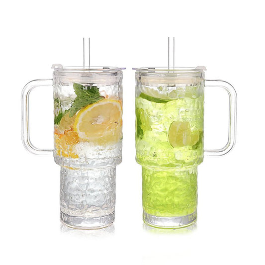 WeirdUncle Glass Tumbler with Handle, Lid and Straw, 26oz Thickened Iced coffee drinking glasses, Large capacity, Unbreakable, Ideal for Office, Travel, Every Day use and Gift (Clear Hammered)