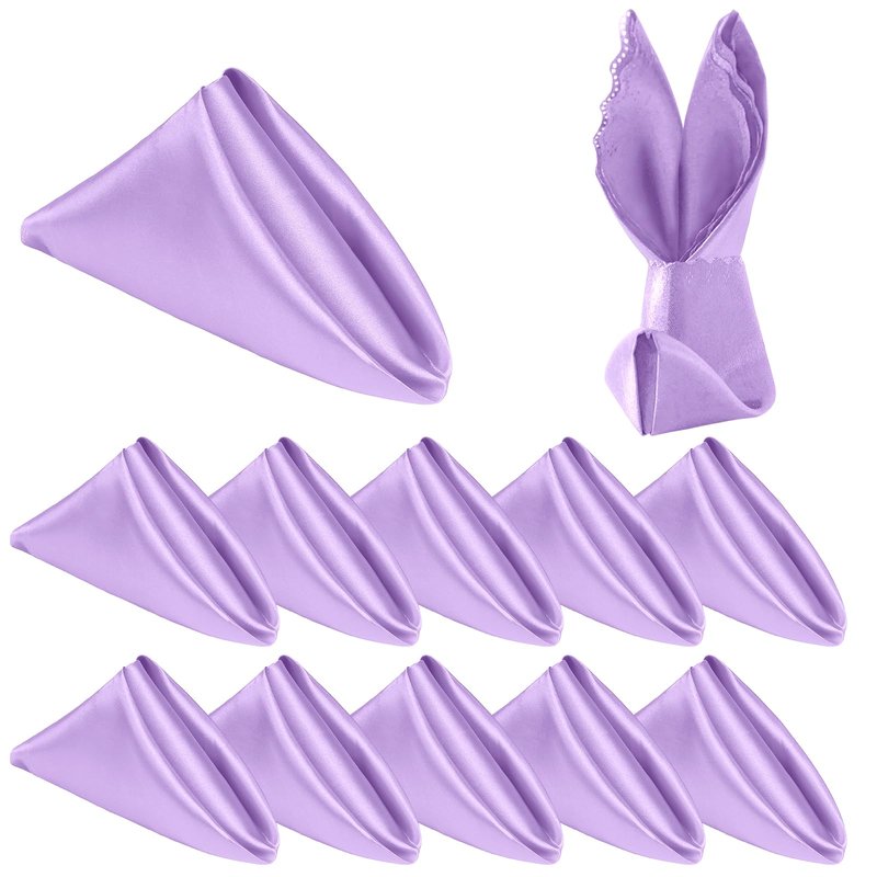 Homiest 12 Pack Light Purple Satin Dinner Napkins - 17x17 Inches, Scalloped, Silky Elegant Wedding & Party Napkins