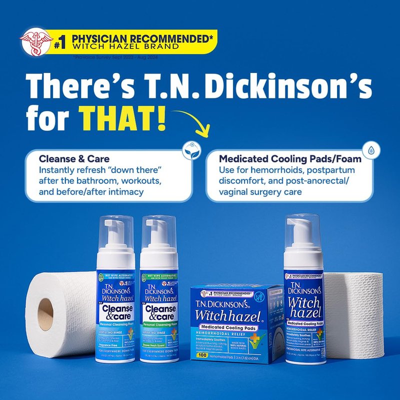 T.N. Dickinson’s Medicated Cooling Pads with Witch Hazel and Aloe | Hemorrhoid Treatment, Postpartum Care, Feminine & Rectal Relief | 100 Rounds
