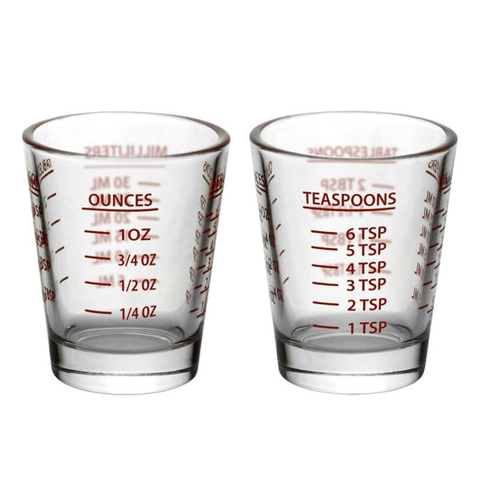 Versatile Heavy-Duty Glass Measuring Shot Glasses - Easy Read for Cooking, Espresso, and Medicine, 1 Ounce, 6 Teaspoons, 2 Tablespoons, 30Milliliters, Dishwasher Safe, 2-Pack