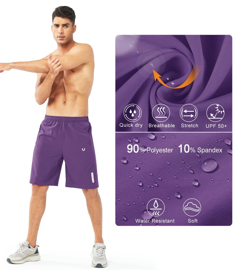 NORTHYARD Men's Athletic Running Shorts Gym Workout 7"/9"/5" Quick Dry Lightweight Sports Basketball Tennis 3 Zipper Pockets PURPLE-9inch L