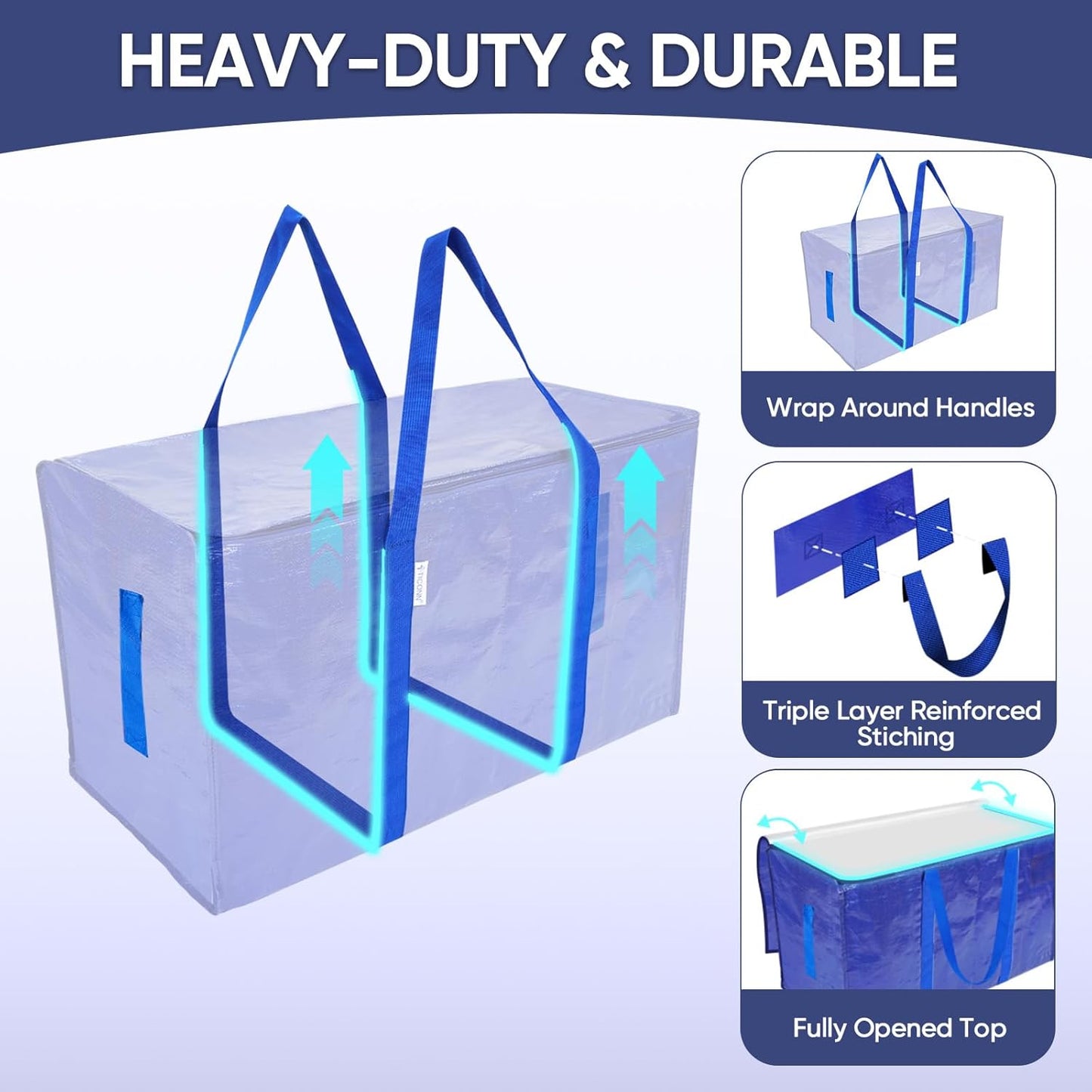 TICONN Extra Large Moving Bags - Heavy-Duty Storage Totes with Zippers & Handles | 30 Gallon, 6 Pack