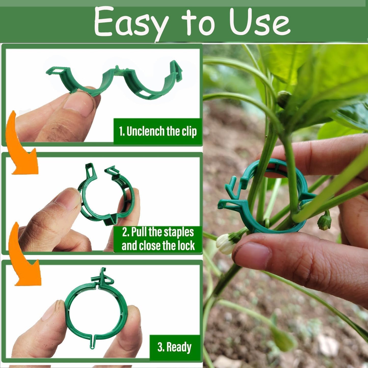 Skiennix Plant Support Clips - 100pcs Tomato & Grape Vine Clips for Garden Trellis | Green Plastic Fixing Clips