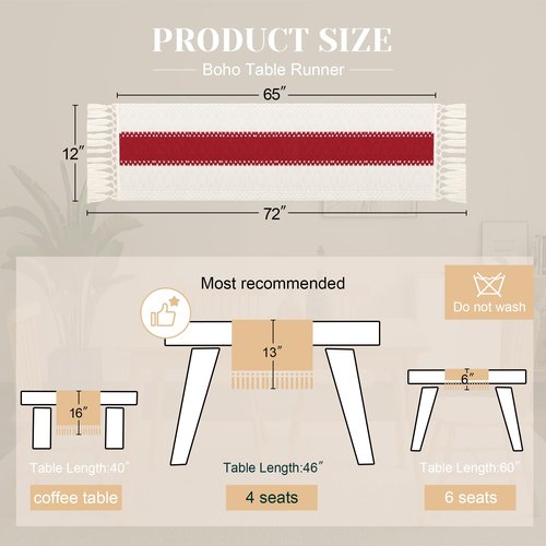 FEXIA Christmas Table Runner for Home Decor with Tassels 72 Inches Long Farmhouse Red Rustic Boho Table Runner Macrame Burlap Table Decoration for Living Room Bridal Shower(12x72 Inches)