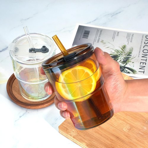 Cafezi 13 oz Glass Tumbler with Glass Straw and Lid, Leak-Proof Reusable Travel Cup for Iced Coffee, Tea, Matcha, Fruit Juice – Thick Wall Clear Water Bottle (Amber, 2 Pack)