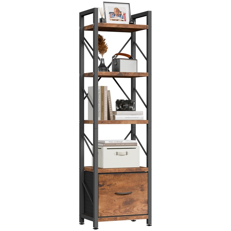Shintenchi 5 Tier Bookshelf with Drawer, Tall Narrow Industrial Bookcase - Open Standing Shelf Unit, Freestanding Wood & Metal Display Shelves Storage Organizer for Bedroom, Living Room, Rustic Brown
