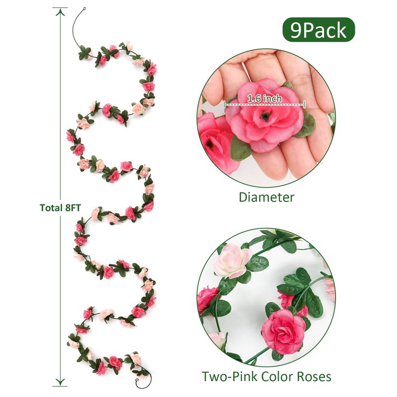KHOYIME 9 Pack 72 FT Artificial Flower Garland, Fake Pink Roses Vines Silk Flowers Faux Plastic Outdoor Hanging Floral Ivy Garland Decorations for Wedding Arch Bedroom Home Wall Backdrop Room Decor