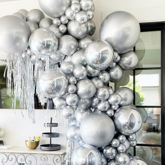 Voircoloria 130pcs Metallic Silver Balloons Different Sizes 18" 12" 10" 5" Chrome Silver Balloon Garland Arch Kit for Graduation Birthday Baby Shower Wedding Anniversary New Year Party Decorations