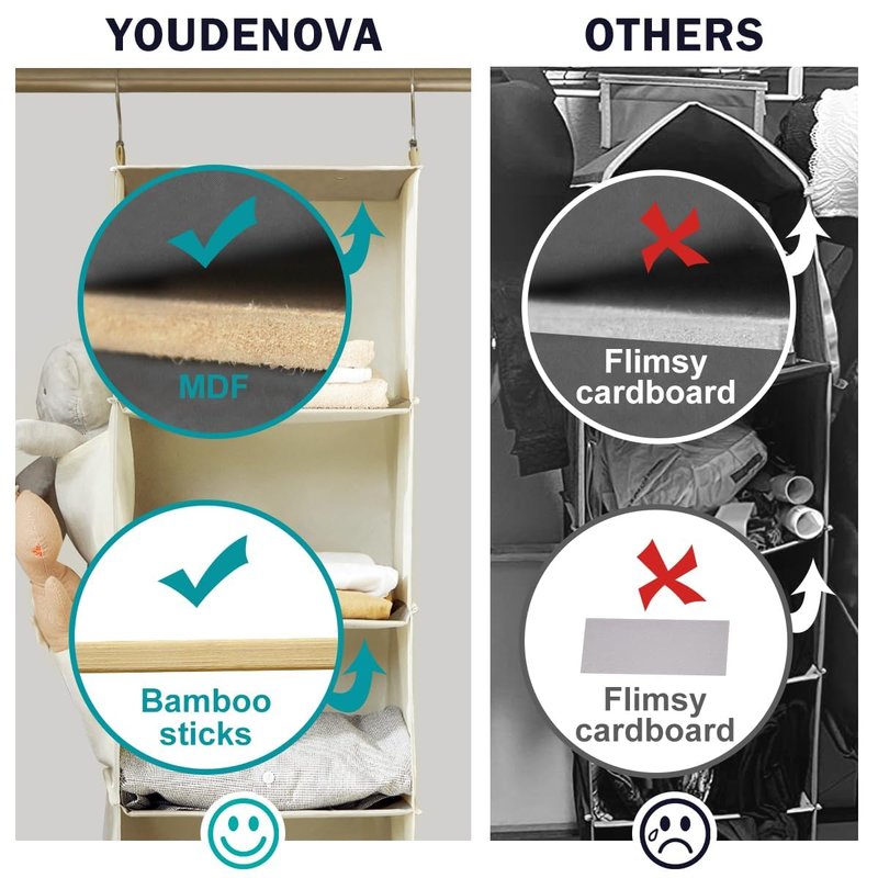 YOUDENOVA Hanging Closet Organizer, 5-Shelf Closet Hanging Storage Shelves, Beige