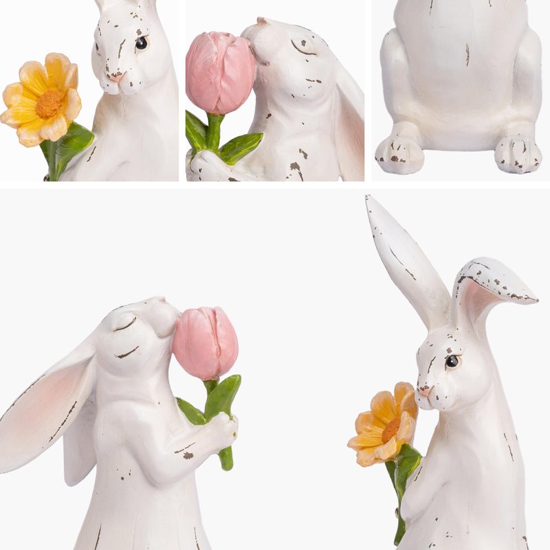 Valery Madelyn Easter Bunny Decorations for Home, Medium White Couple Rabbits Figurine Tabletop Decor, 2Pcs Cute Easter Gifts Resin Statues for Spring Holiday Indoor Party Table Centerpieces, 6"