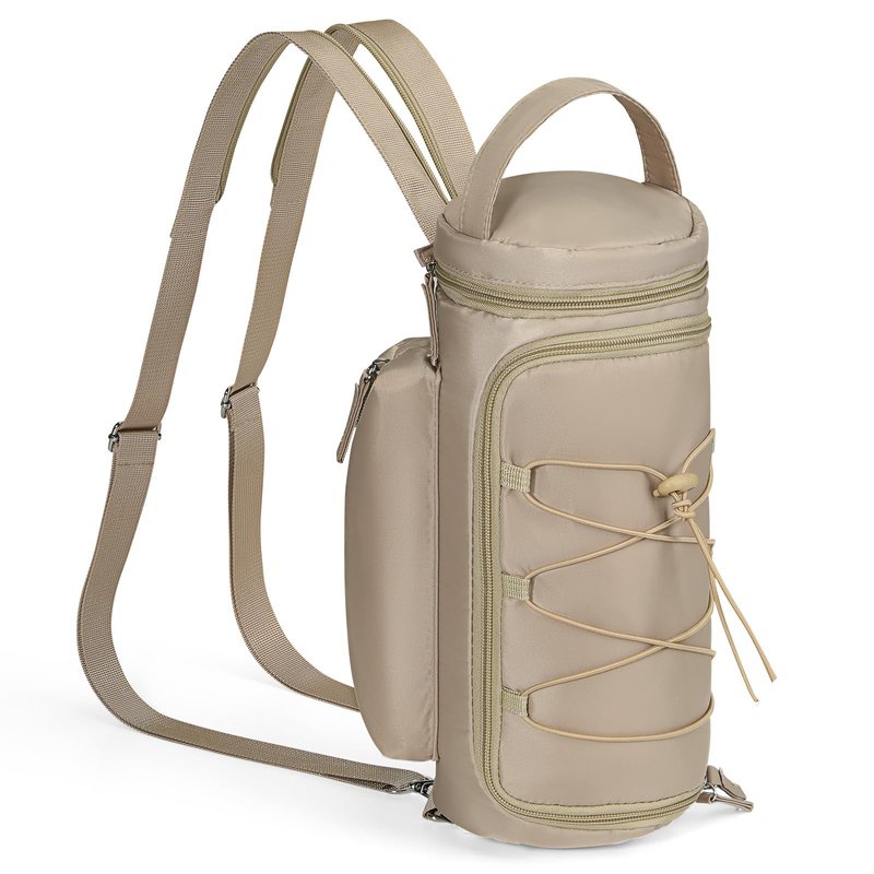 Nuovoware Small Sling Backpack, Sling Bag 25oz/32oz/40oz/50oz Water Bottle Carrier with Zippered Cap, 2 Pockets, Adjustable Shoulder Strap Carrier for Walking Traveling, Camel