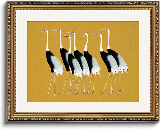 VIYYIEA Gold Framed Canvas Print - Vintage Cranes Wall Art for Home Decor | 16x20in