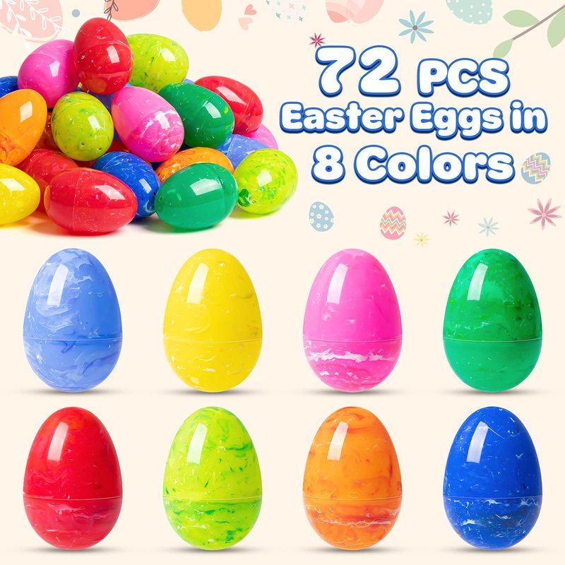 OleFun 72 PCS Plastic Empty Easter Eggs, 3.15'' Large Bulk Painted Easter Eggs in 8 Colors, Hinged Fillable Eggs for Easter Egg Hunt, Surprise Eggs, Basket Stuffers, Easter Party Favor for Kids