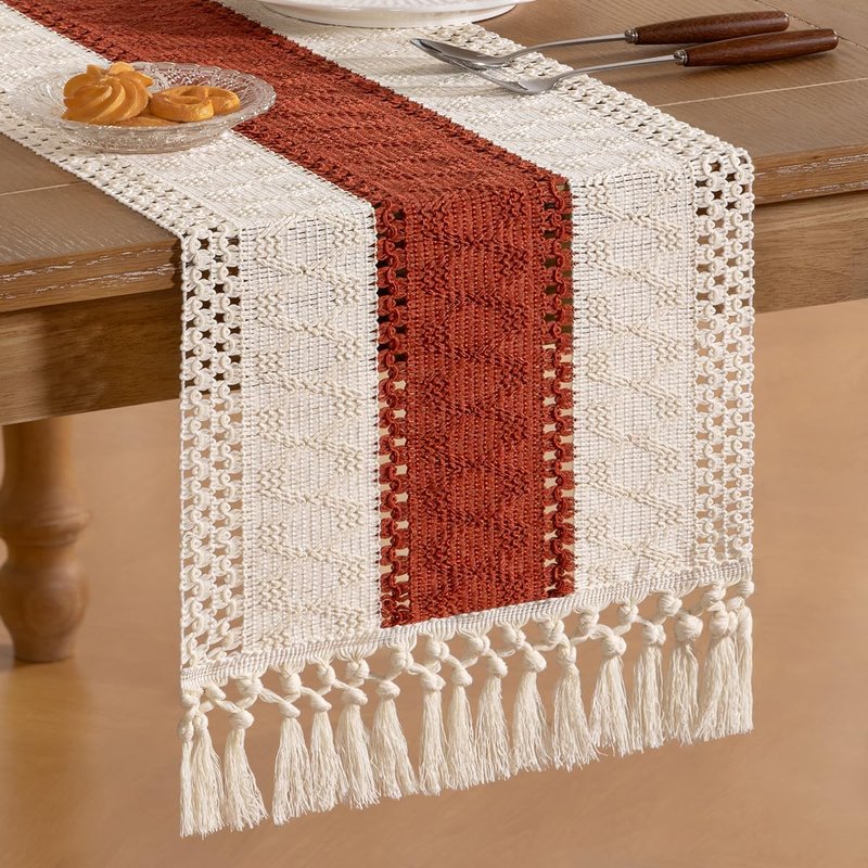 Socomi Boho Table Runner Macrame Summer Farmhouse Woven Cotton Linen Rustic Table Runner with Tassels for Dresser Scarf Home Decor Dining Room 12x90 inch Terracotta Ivory