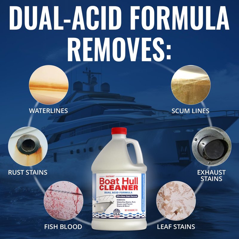 [1 Galllon] Instant Boat Hull Cleaner - Made in USA - Powerful Dual Acid Formula Easily Removes Scum Lines, Rust Stains, Hard Waterlines, & More from Fiberglass, Gelcoat & Painted Boat Surfaces