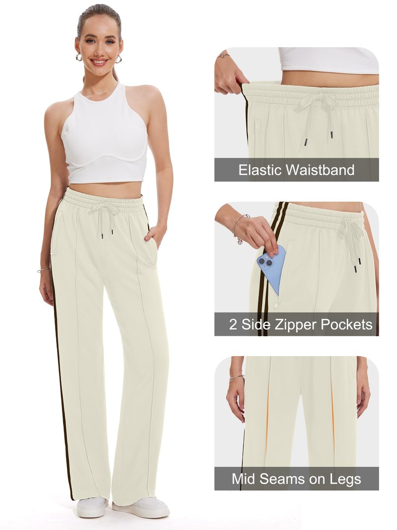 Tapata Tall Women's 34" Inseam Casual Pants Track Athletic Sweatpants Warm Up Loose Side Stripe Street Slacks, Beige, M