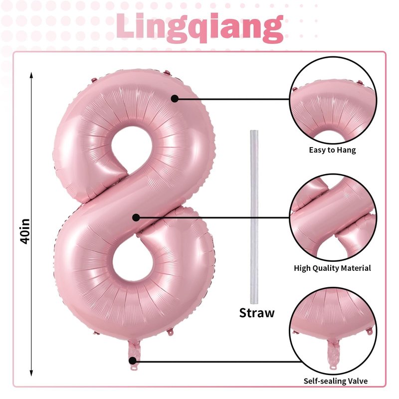 Pastel Pink 8 Balloons, 40" Giant Helium Foil Number 0-9 Light Pink Birthday Balloon for Girls, Self Inflating Digit 8 Balloons for Women Anniversary Graduation Princess Party Decorations Supplies