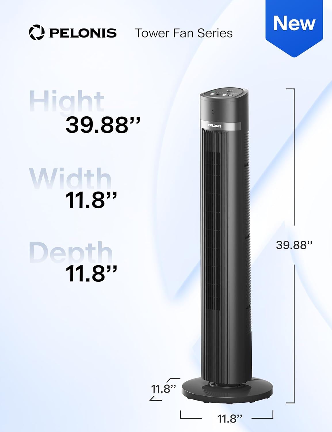 PELONIS Bladeless Tower Fan - 40 Inch Standing Fan with Remote, 90° Oscillation, 3 Speed Modes, Grey