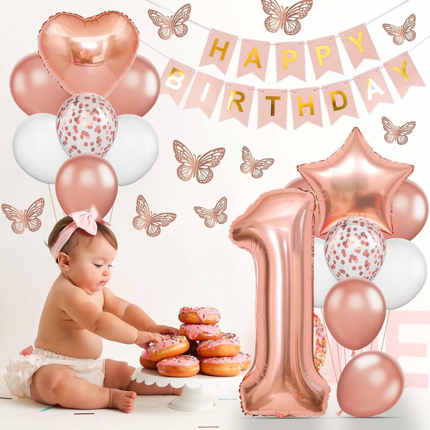 Regine Switzerland 1st Birthday Decoration - Rose Gold Balloon Set with Butterfly Stickers & Foil Balloons